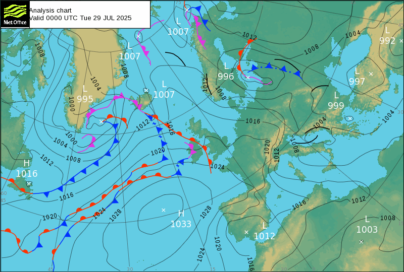 North Atlantic atmospheric pressure chart for Tue, 29 Jul 2025 00:00:00 GMT