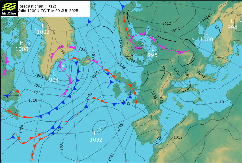 North Atlantic atmospheric pressure chart for Tue, 29 Jul 2025 12:00:00 GMT