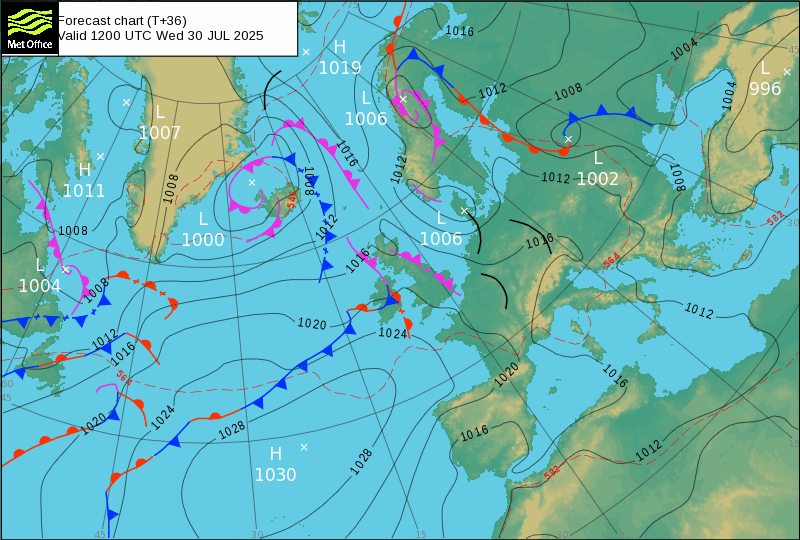 North Atlantic atmospheric pressure chart for Wed, 30 Jul 2025 12:00:00 GMT