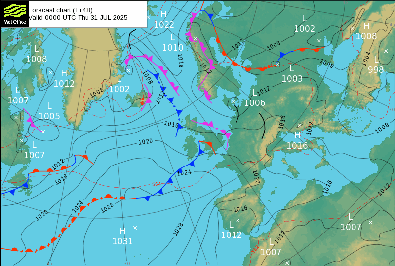 North Atlantic atmospheric pressure chart for Thu, 31 Jul 2025 00:00:00 GMT
