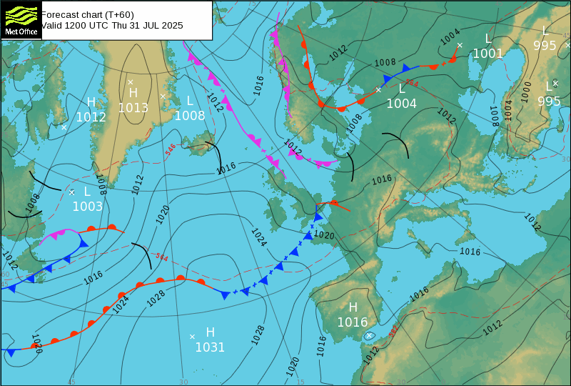 North Atlantic atmospheric pressure chart for Thu, 31 Jul 2025 12:00:00 GMT