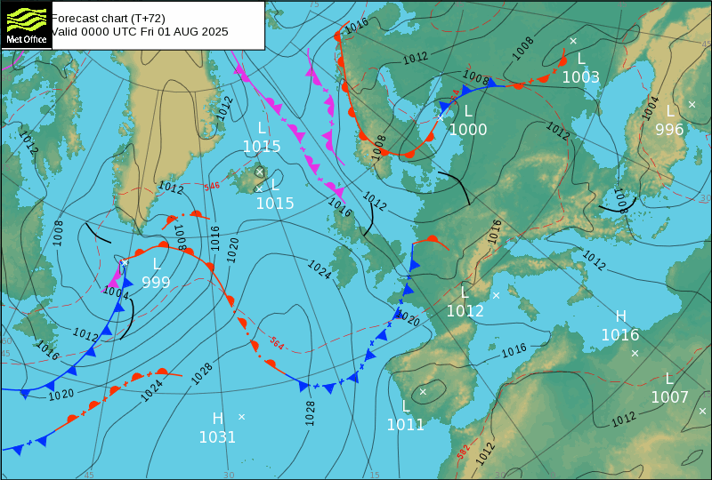 North Atlantic atmospheric pressure chart for Fri, 01 Aug 2025 00:00:00 GMT