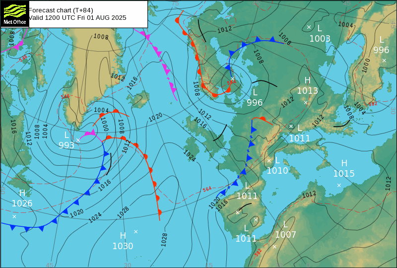 North Atlantic atmospheric pressure chart for Fri, 01 Aug 2025 12:00:00 GMT