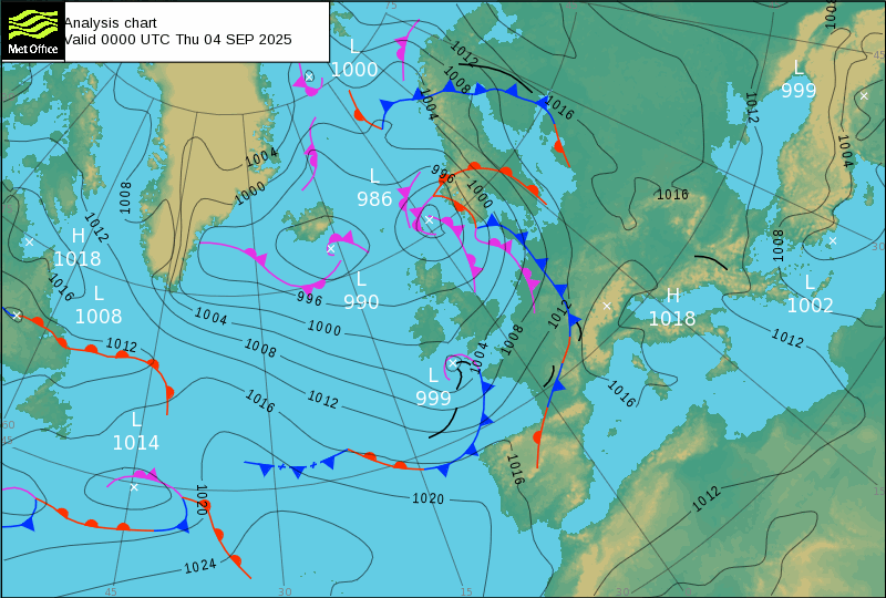 Carte isobarique nord atlantique 00h00 UTC