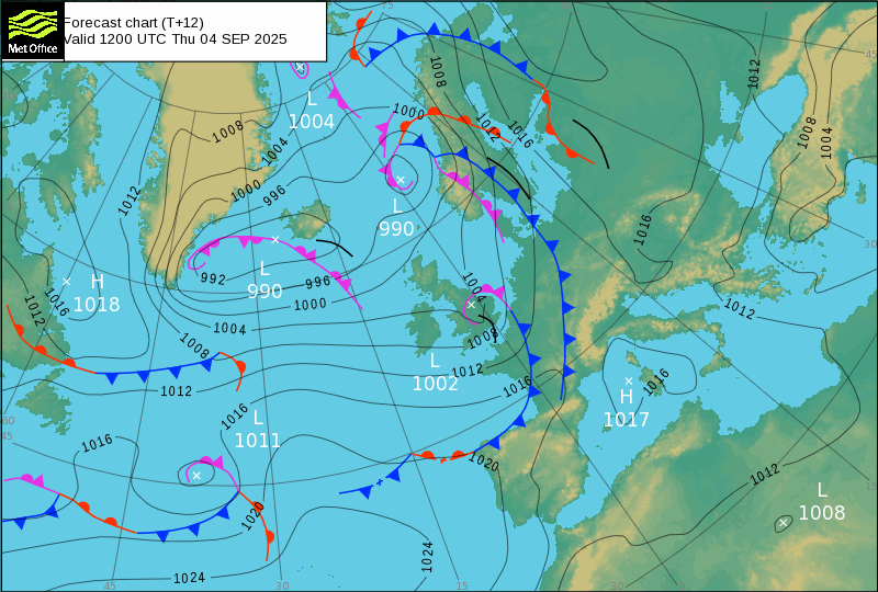 Carte isobarique nord atlantique 12h00 UTC