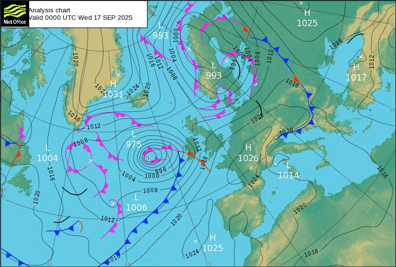 Carte isobarique nord atlantique 00h00 UTC
