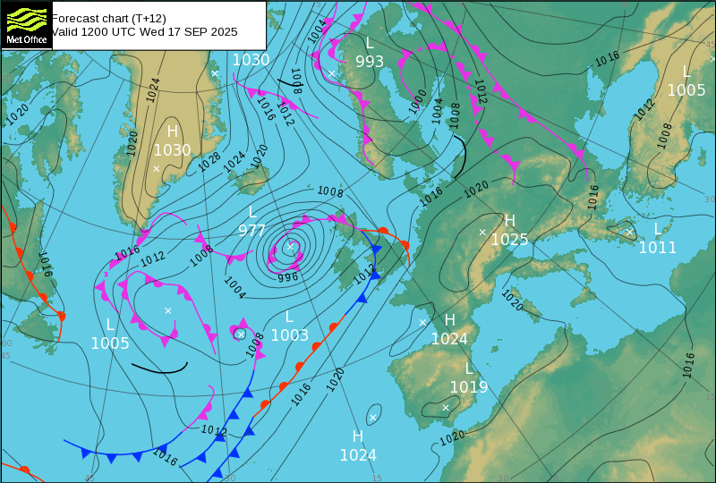 Carte isobarique nord atlantique 12h00 UTC