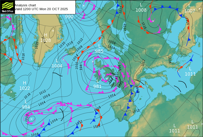 Carte isobarique nord atlantique 00h00 UTC