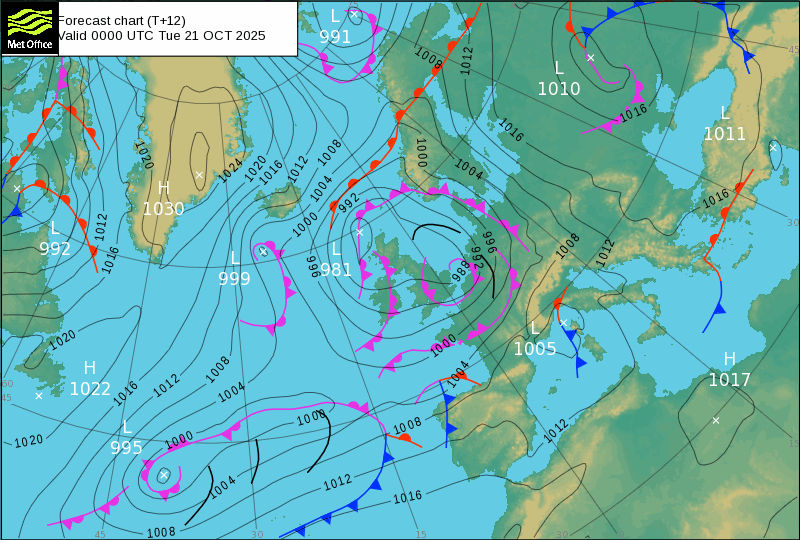 Carte isobarique nord atlantique 12h00 UTC