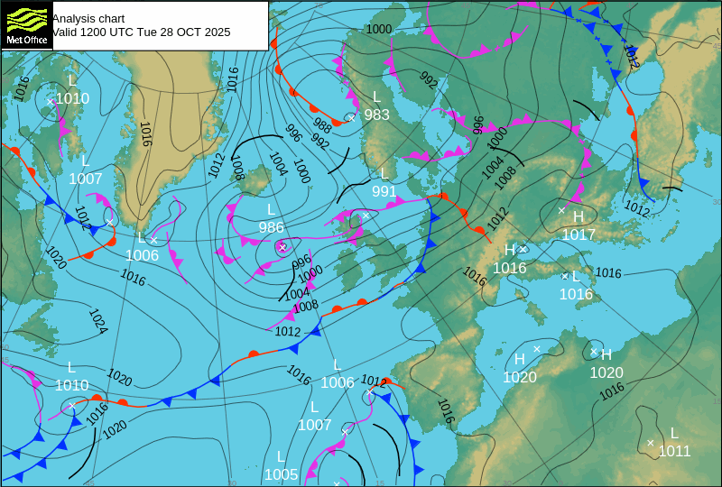 North Atlantic atmospheric pressure chart for Tue, 28 Oct 2025 12:00:00 GMT
