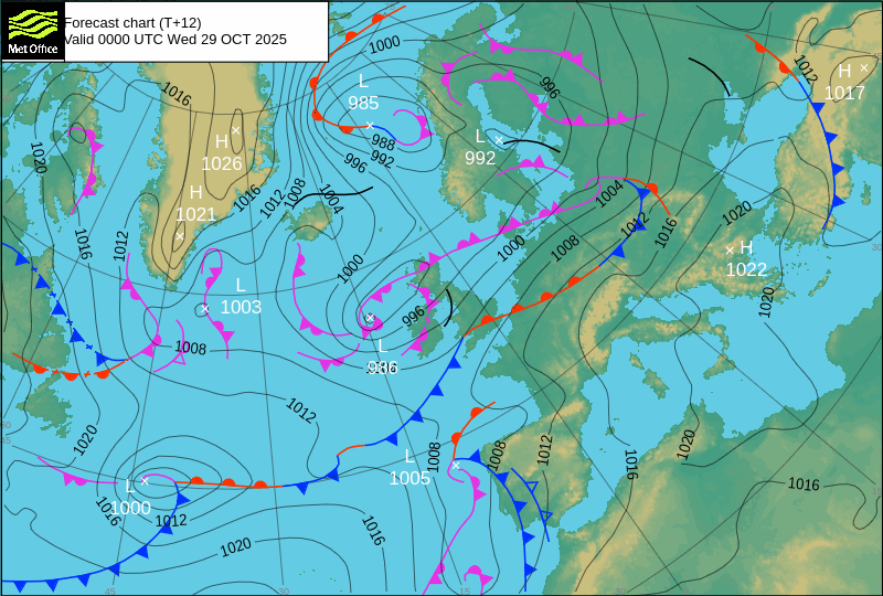 North Atlantic atmospheric pressure chart for Wed, 29 Oct 2025 00:00:00 GMT