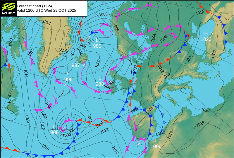 North Atlantic atmospheric pressure chart for Wed, 29 Oct 2025 12:00:00 GMT
