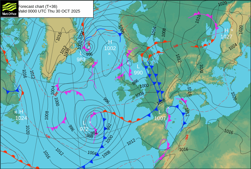 North Atlantic atmospheric pressure chart for Thu, 30 Oct 2025 00:00:00 GMT
