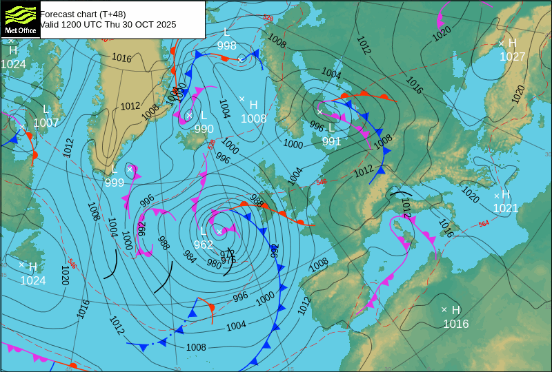 North Atlantic atmospheric pressure chart for Thu, 30 Oct 2025 12:00:00 GMT