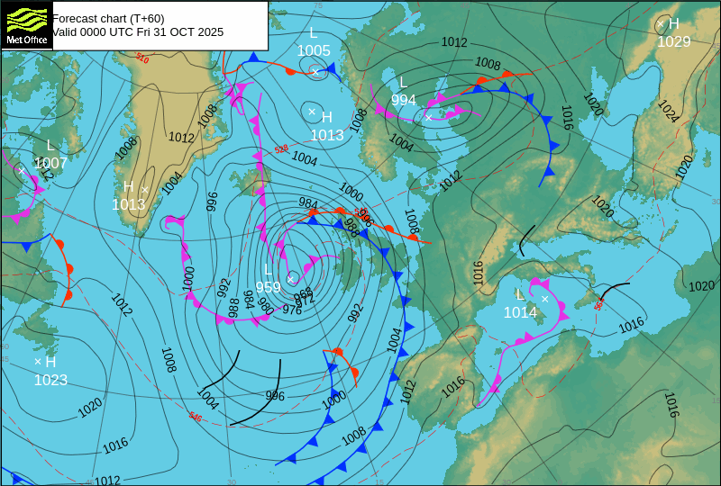 North Atlantic atmospheric pressure chart for Fri, 31 Oct 2025 00:00:00 GMT