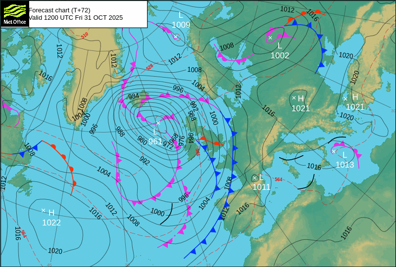 North Atlantic atmospheric pressure chart for Fri, 31 Oct 2025 12:00:00 GMT