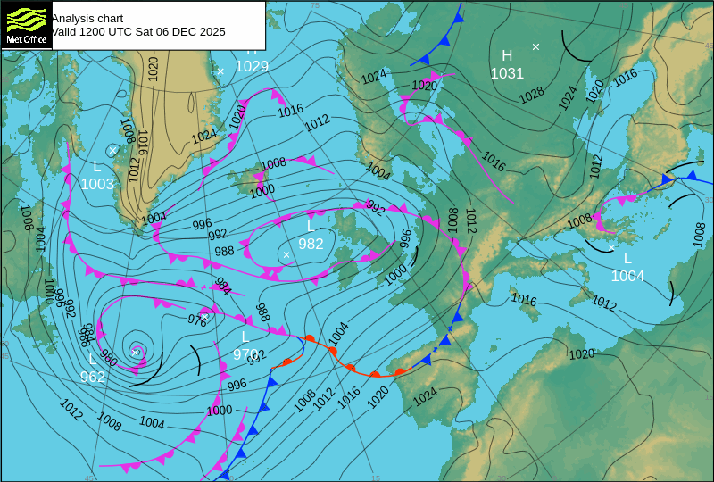 Carte isobarique nord atlantique 00h00 UTC