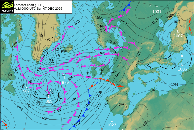 Carte isobarique nord atlantique 12h00 UTC