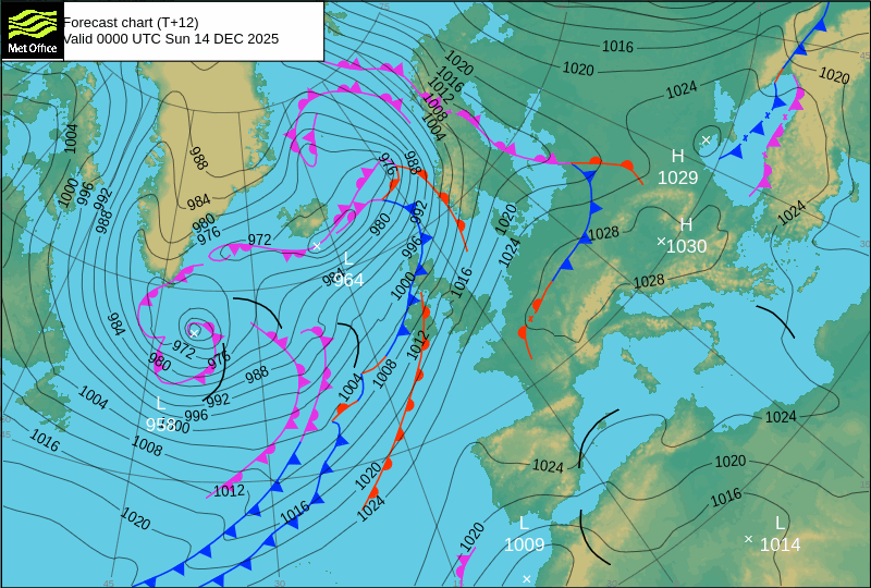 Carte isobarique nord atlantique 12h00 UTC