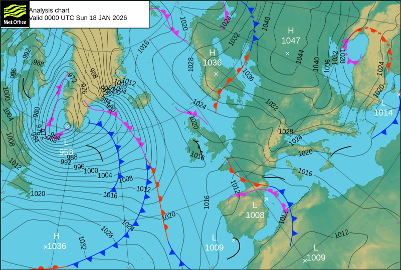 North Atlantic atmospheric pressure chart for Sun, 18 Jan 2026 00:00:00 GMT