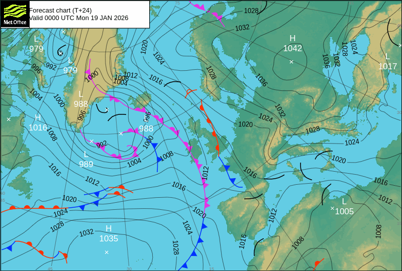 North Atlantic atmospheric pressure chart for Mon, 19 Jan 2026 00:00:00 GMT