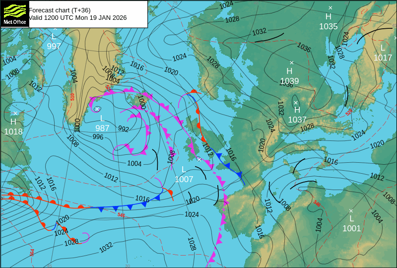 North Atlantic atmospheric pressure chart for Mon, 19 Jan 2026 12:00:00 GMT