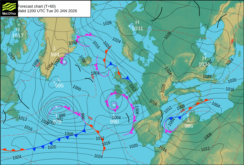 North Atlantic atmospheric pressure chart for Tue, 20 Jan 2026 12:00:00 GMT