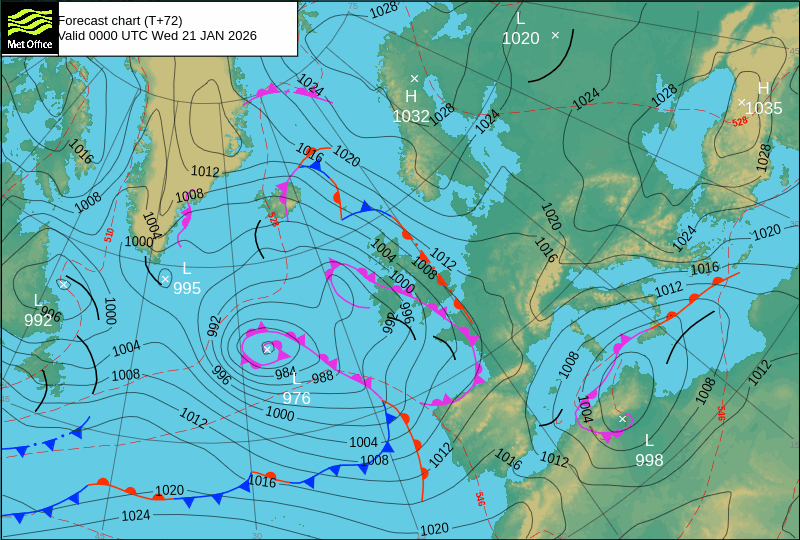 North Atlantic atmospheric pressure chart for Wed, 21 Jan 2026 00:00:00 GMT