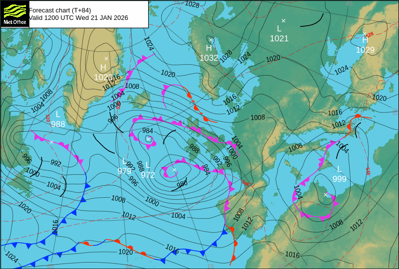 North Atlantic atmospheric pressure chart for Wed, 21 Jan 2026 12:00:00 GMT