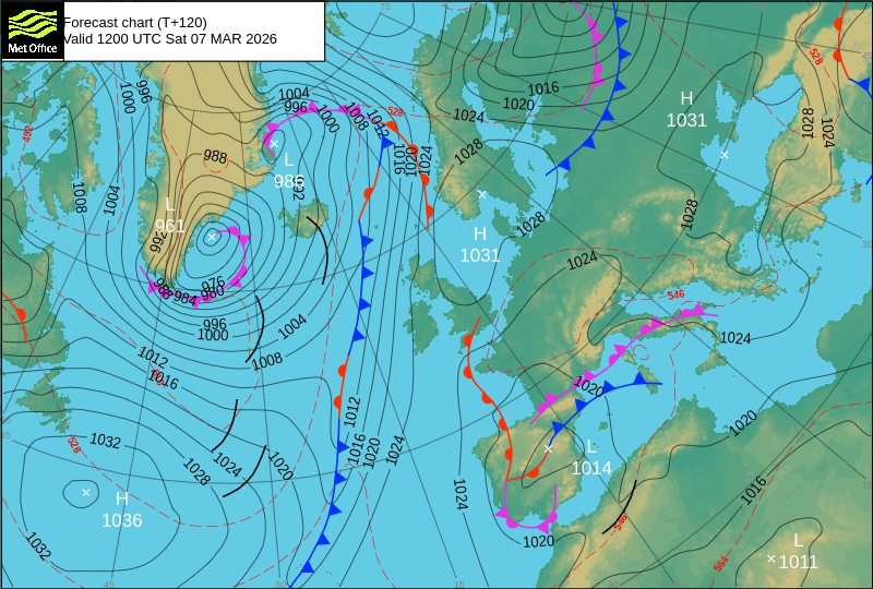 North Atlantic atmospheric pressure chart for Sat, 07 Mar 2026 12:00:00 GMT