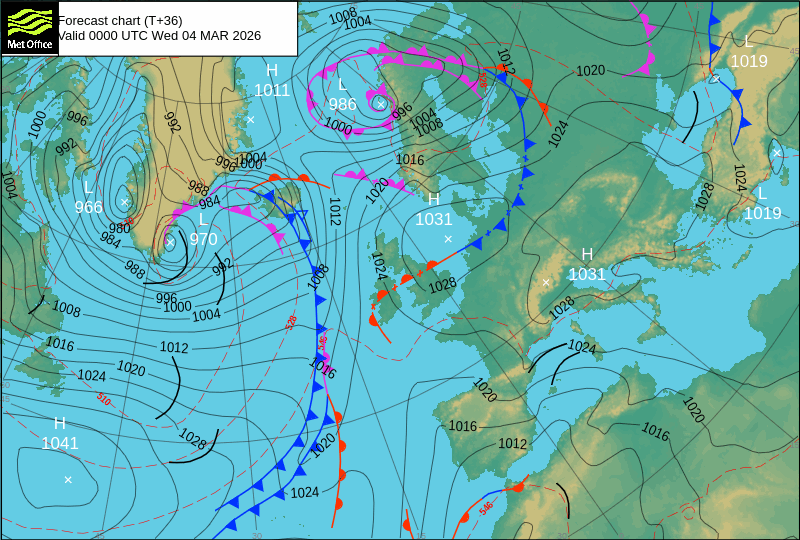 North Atlantic atmospheric pressure chart for Wed, 04 Mar 2026 00:00:00 GMT