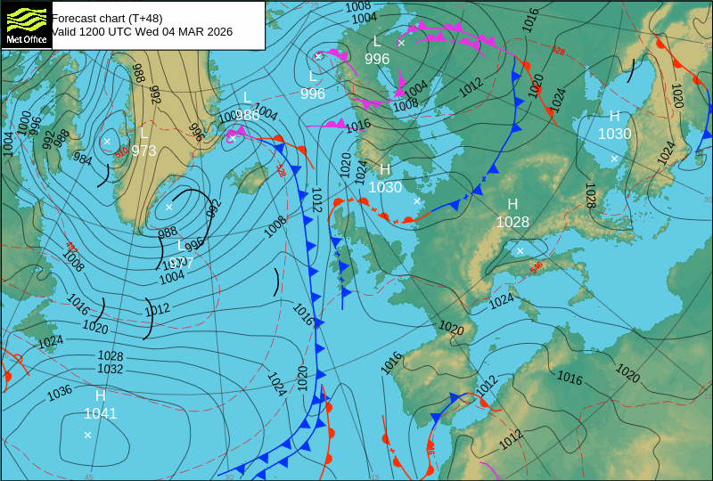 North Atlantic atmospheric pressure chart for Wed, 04 Mar 2026 12:00:00 GMT