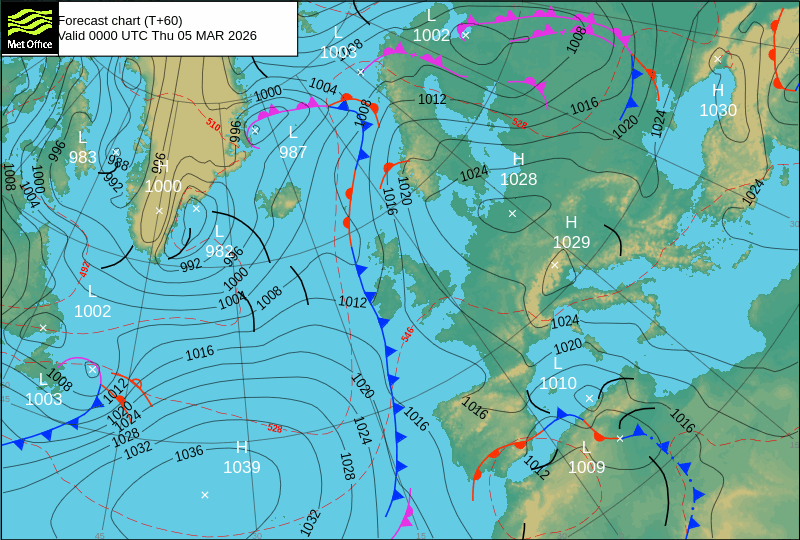 North Atlantic atmospheric pressure chart for Thu, 05 Mar 2026 00:00:00 GMT