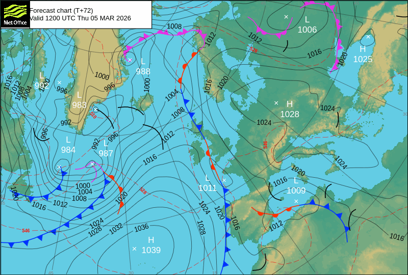 North Atlantic atmospheric pressure chart for Thu, 05 Mar 2026 12:00:00 GMT