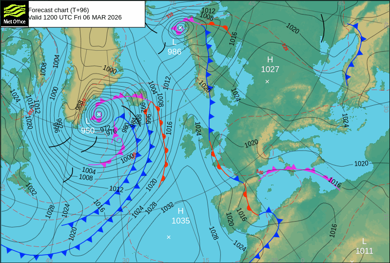 North Atlantic atmospheric pressure chart for Fri, 06 Mar 2026 12:00:00 GMT