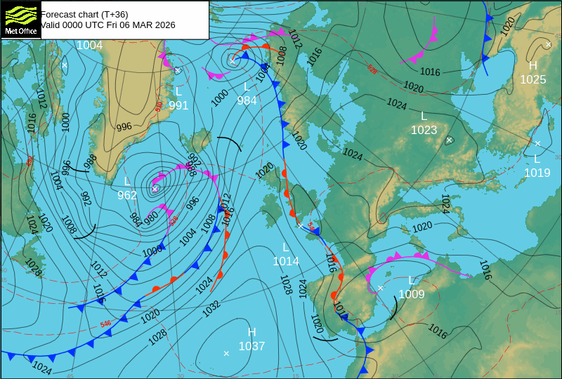 North Atlantic atmospheric pressure chart for Fri, 06 Mar 2026 00:00:00 GMT