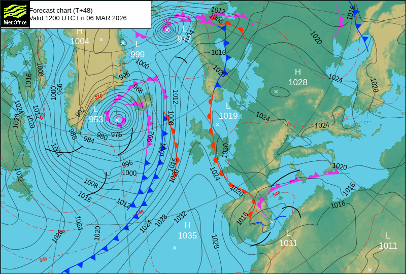 North Atlantic atmospheric pressure chart for Fri, 06 Mar 2026 12:00:00 GMT