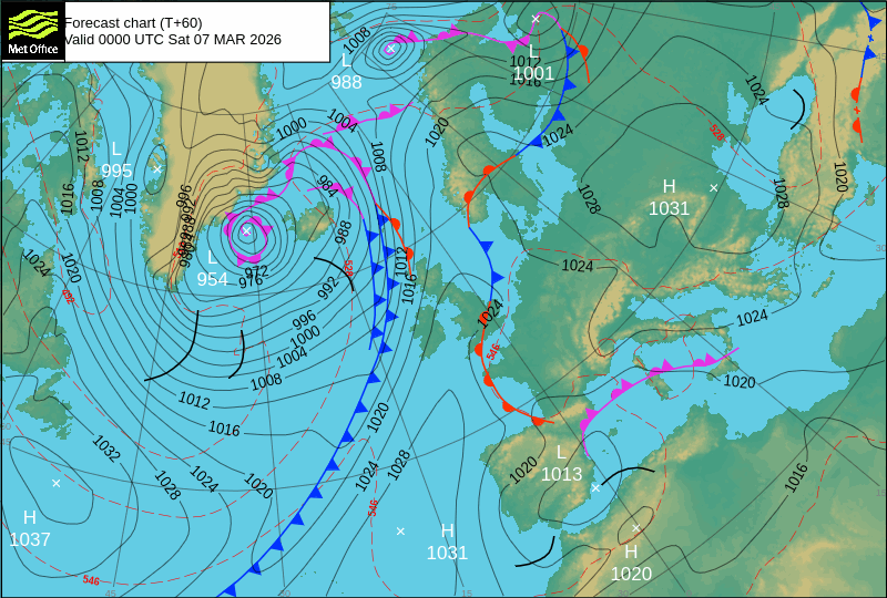North Atlantic atmospheric pressure chart for Sat, 07 Mar 2026 00:00:00 GMT