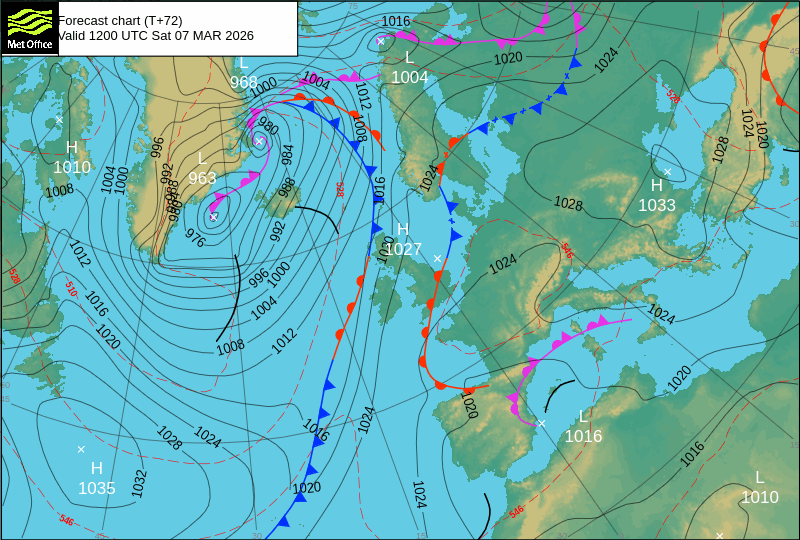 North Atlantic atmospheric pressure chart for Sat, 07 Mar 2026 12:00:00 GMT