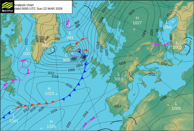 Carte isobarique nord atlantique 00h00 UTC