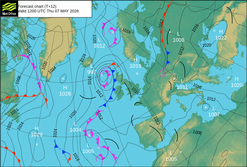 Carte isobarique nord atlantique 12h00 UTC