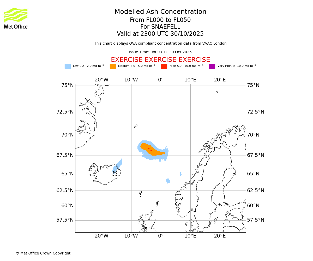 Modelled ash concentration from 000 to 050 for SNAEFELL. Valid at 2300 UTC 30/10/2025