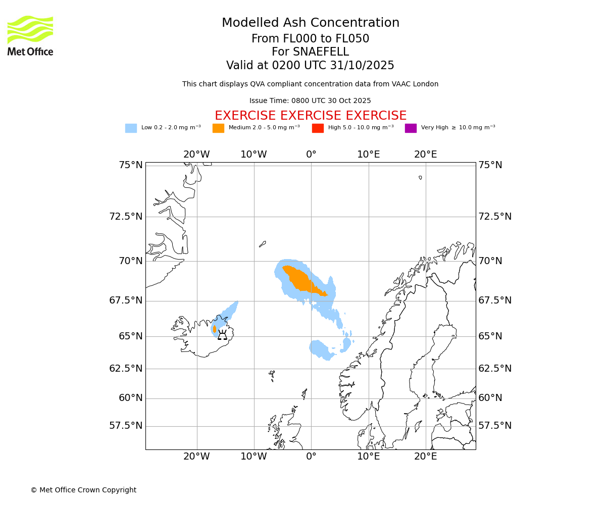 Modelled ash concentration from 000 to 050 for SNAEFELL. Valid at 0200 UTC 31/10/2025