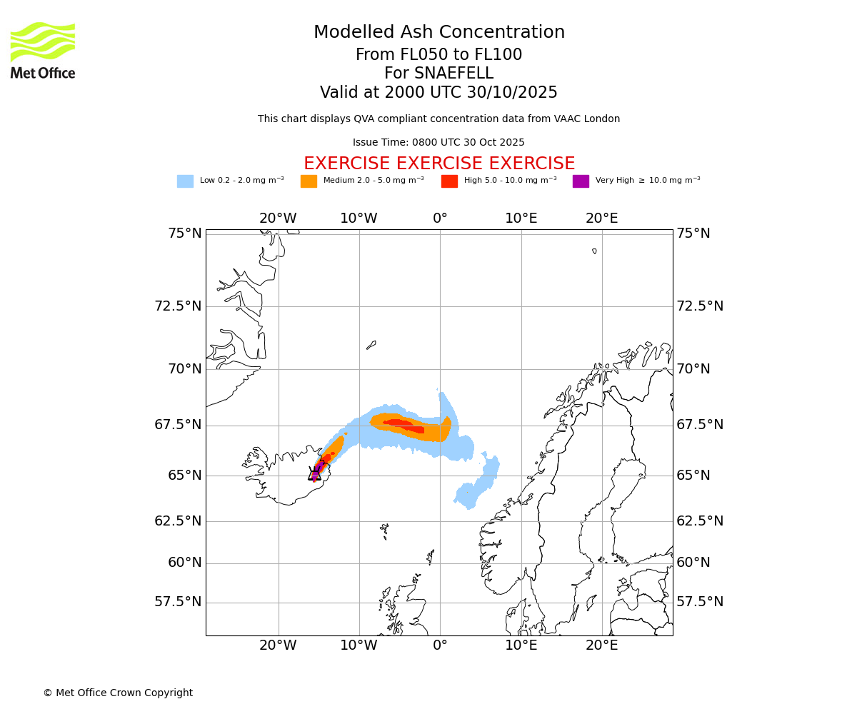 Modelled ash concentration from 050 to 100 for SNAEFELL. Valid at 2000 UTC 30/10/2025