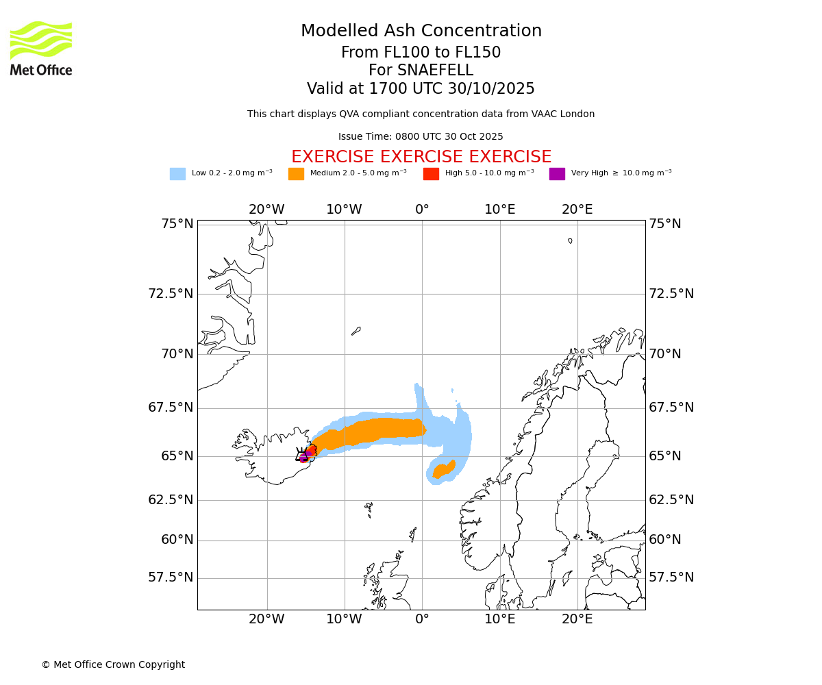 Modelled ash concentration from 100 to 150 for SNAEFELL. Valid at 1700 UTC 30/10/2025