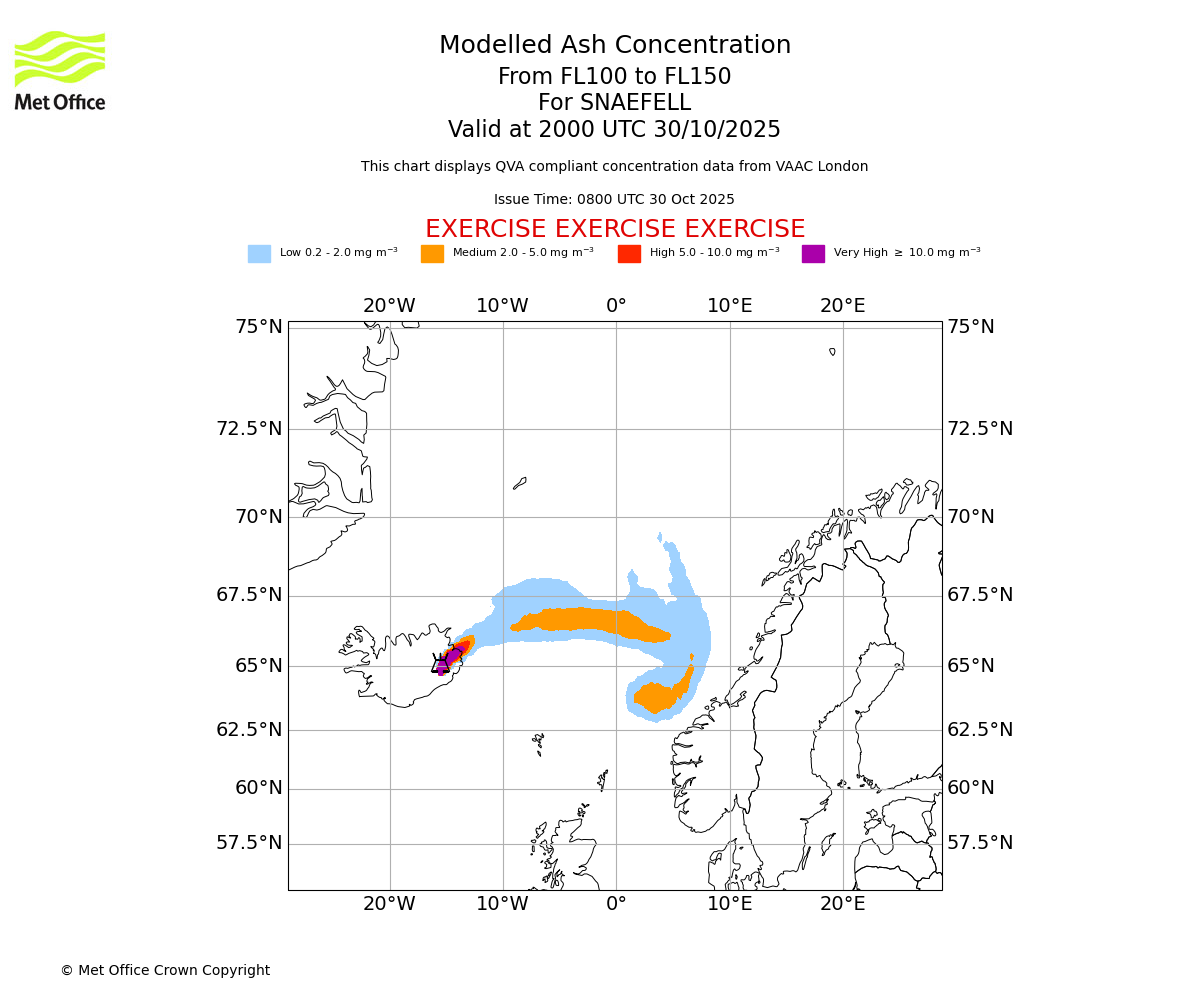 Modelled ash concentration from 100 to 150 for SNAEFELL. Valid at 2000 UTC 30/10/2025