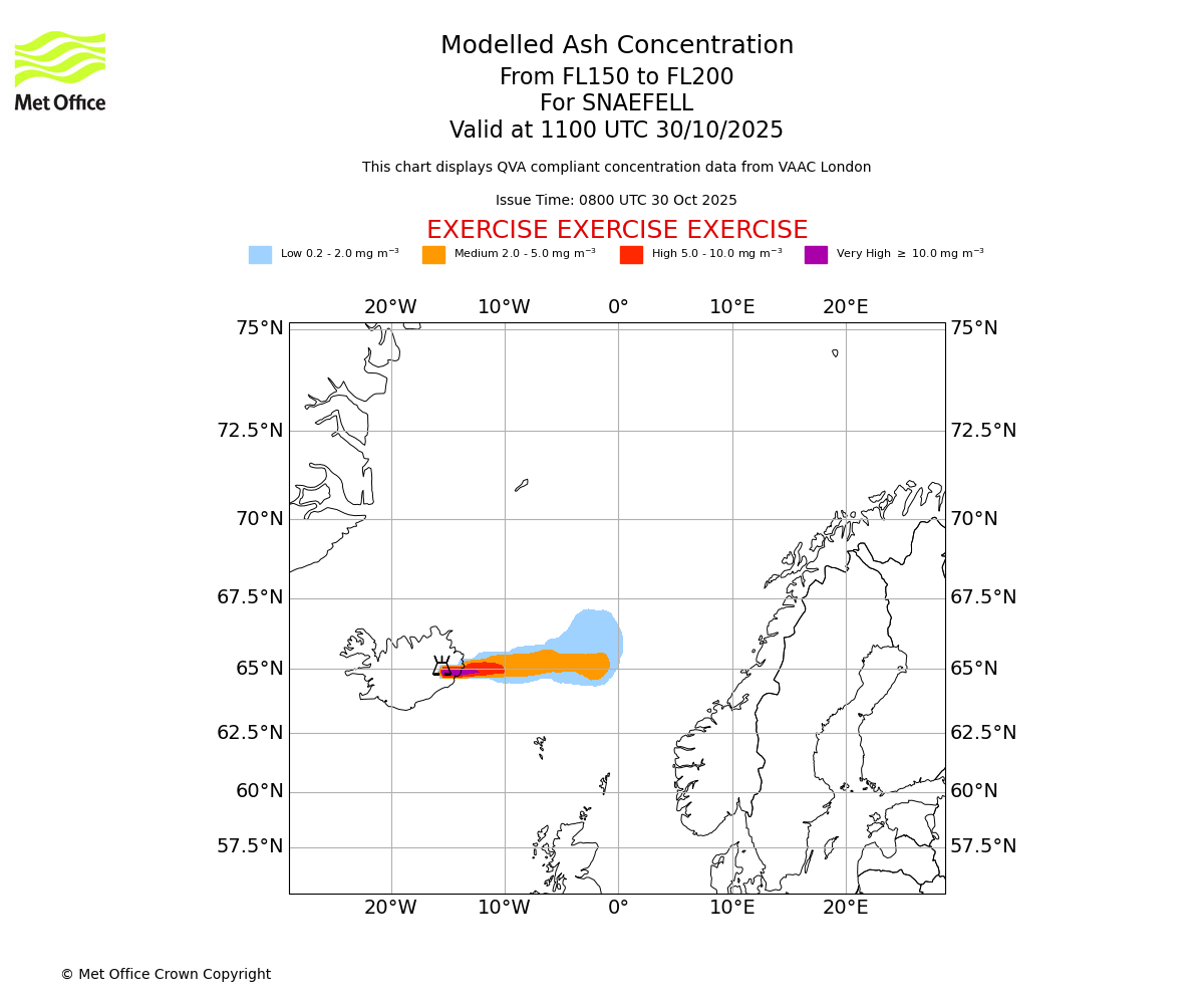 Modelled ash concentration from 150 to 200 for SNAEFELL. Valid at 1100 UTC 30/10/2025