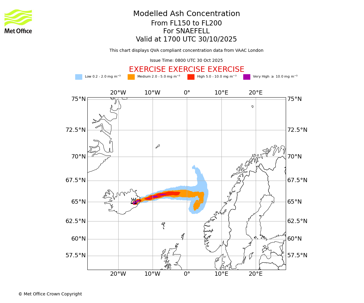 Modelled ash concentration from 150 to 200 for SNAEFELL. Valid at 1700 UTC 30/10/2025
