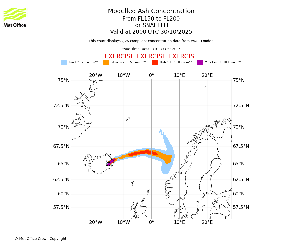 Modelled ash concentration from 150 to 200 for SNAEFELL. Valid at 2000 UTC 30/10/2025