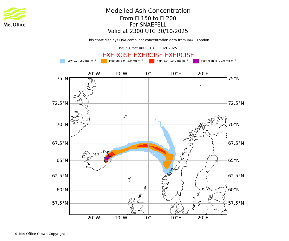 Modelled ash concentration from 150 to 200 for SNAEFELL. Valid at 2300 UTC 30/10/2025